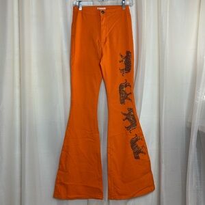 Judith March Orange Flare Pants with Elephant Design